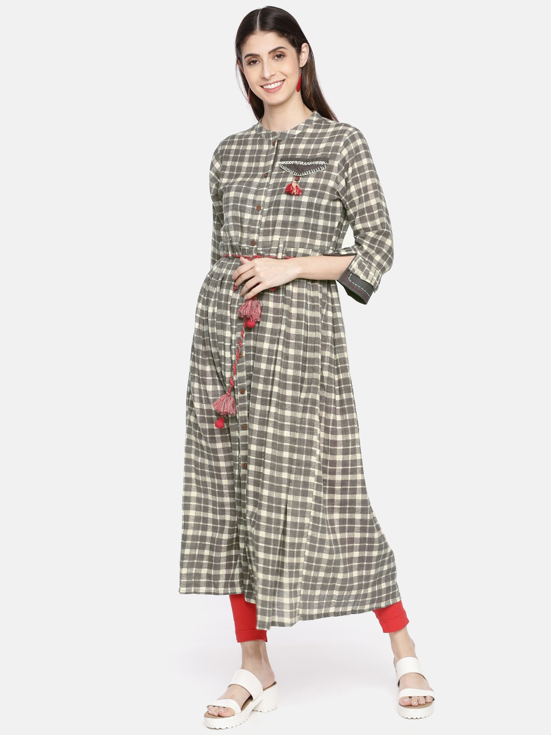 

Neerus Women Grey & Off-White Checked A-Line Kurta with Tie-Ups