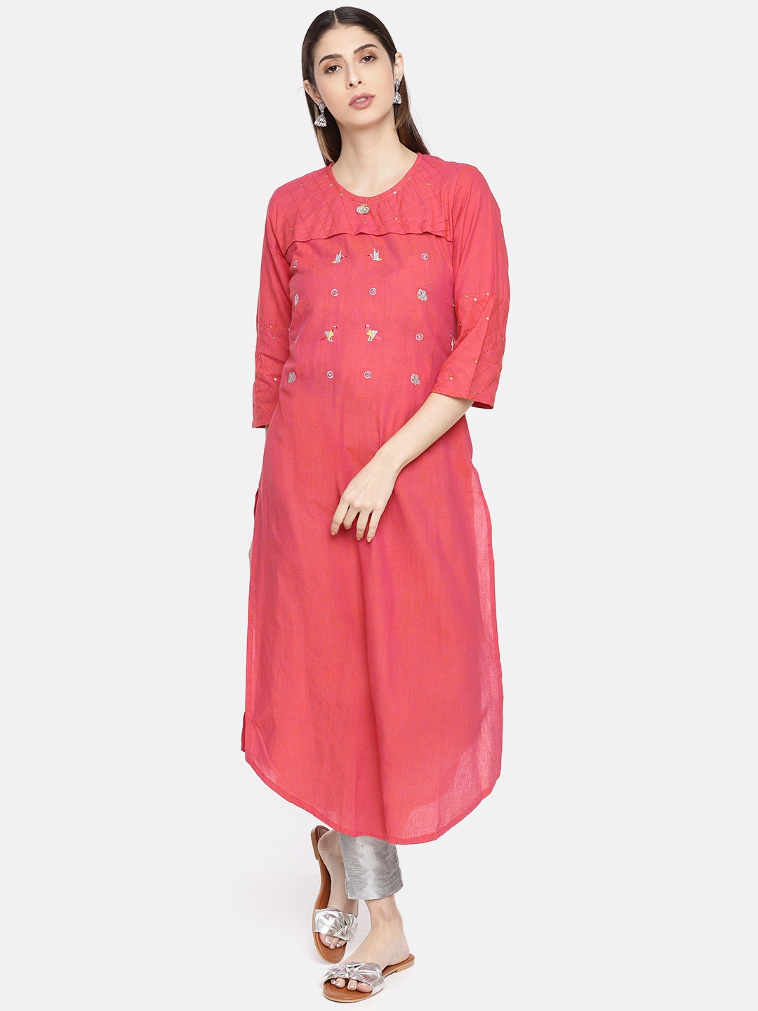 

Neerus Women Pink Quirky Embroidered A-Line Kurta