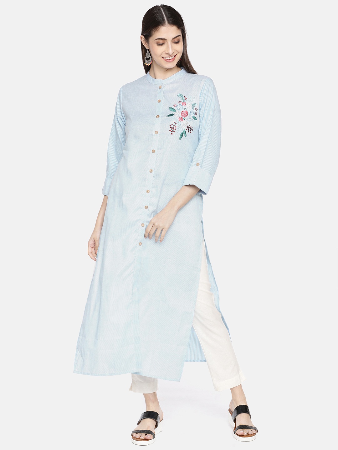 

Neerus Women Blue Striped Straight Kurta With Floral Embroidery Detailing