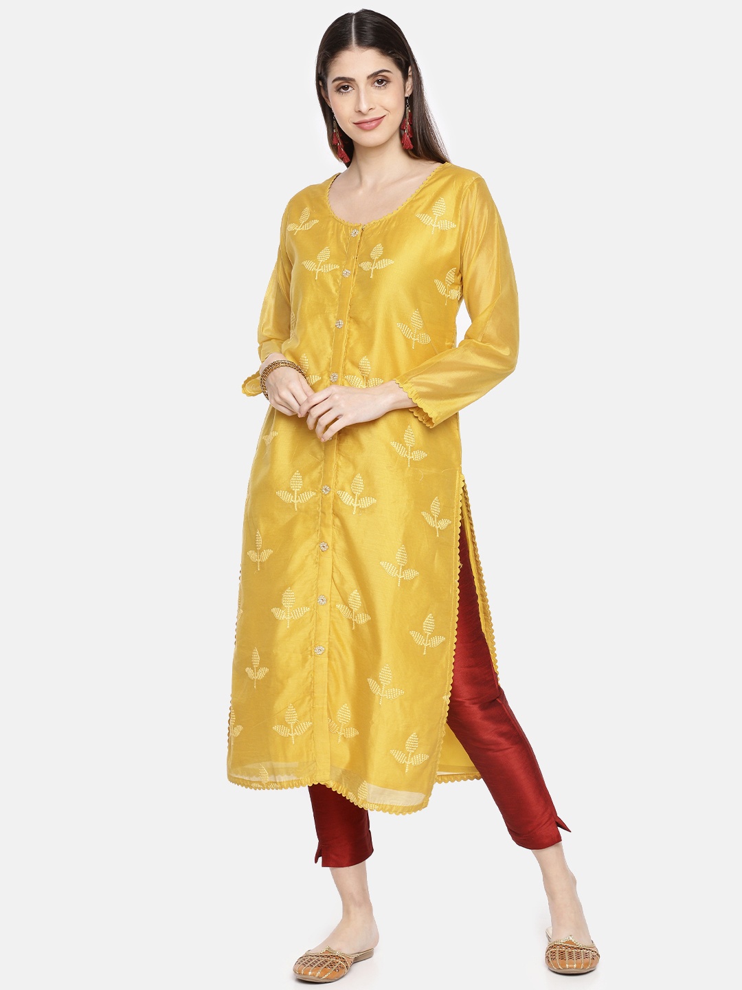 

Neerus Women Mustard Yellow Embroidered A-Line Kurta