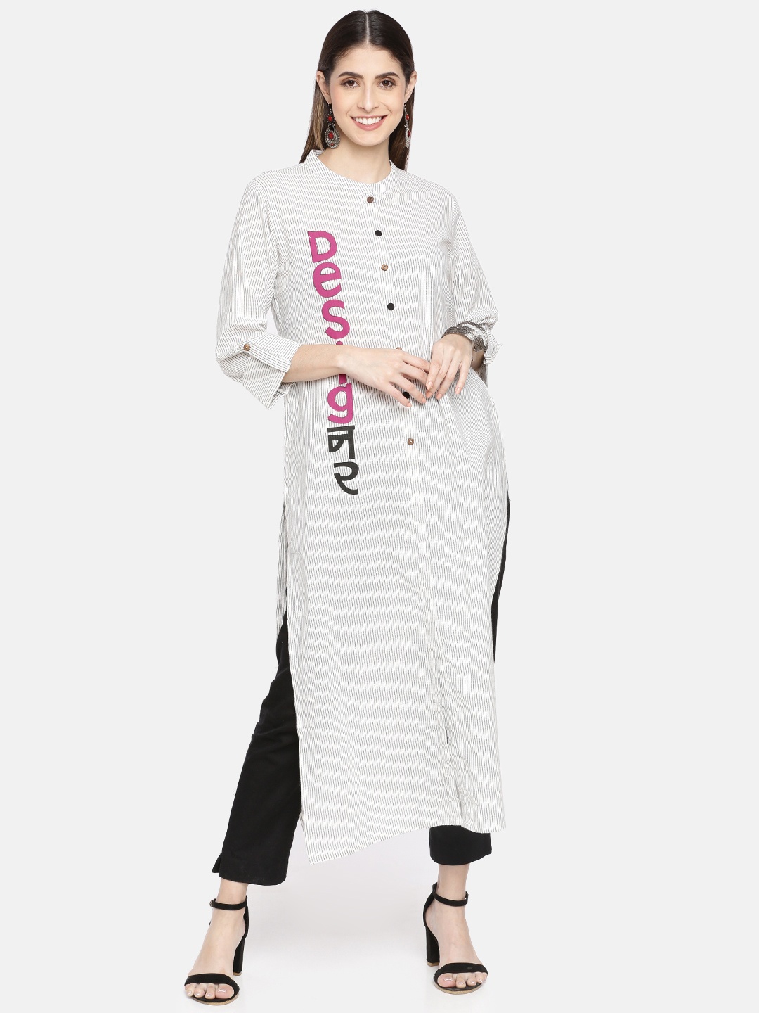 

Neerus Women Off-White & Black Striped Straight Kurta