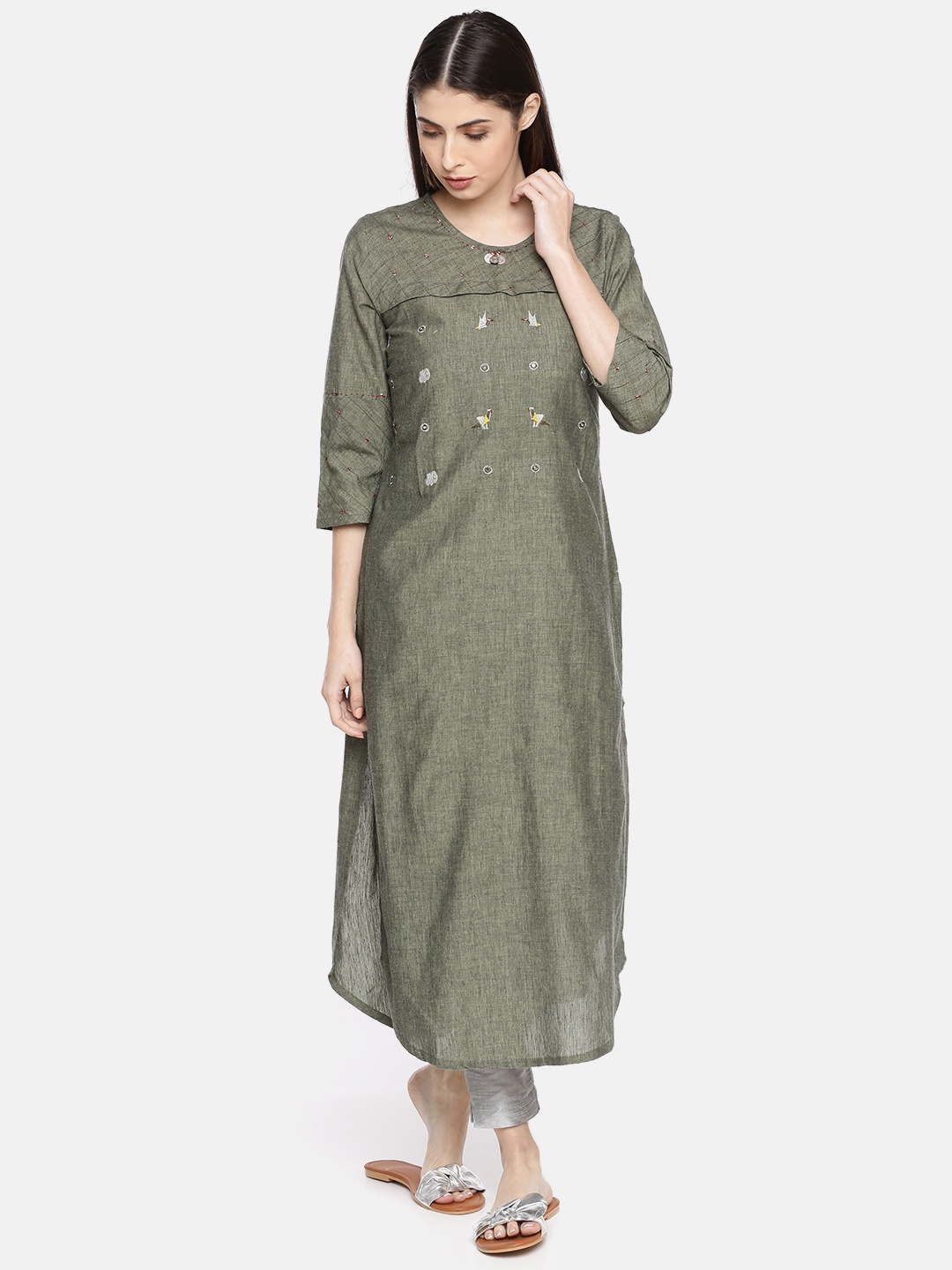 

Neerus Women Olive Green Quirky Embroidered Straight Kurta