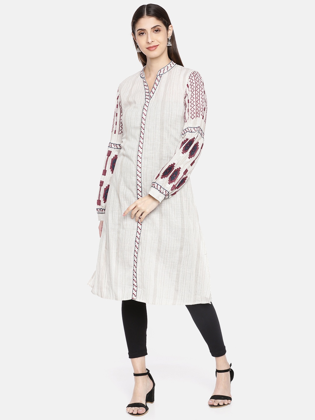 

Neerus Women Off-White & Olive Green Striped A-Line Kurta