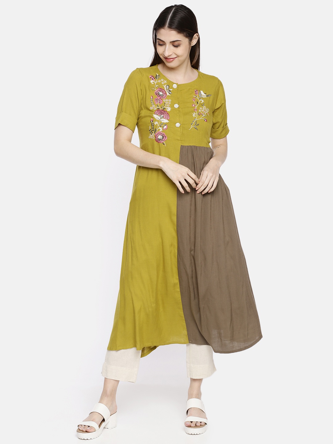

Neerus Women Lime Green & Grey Floral Embroidered A-Line Kurta