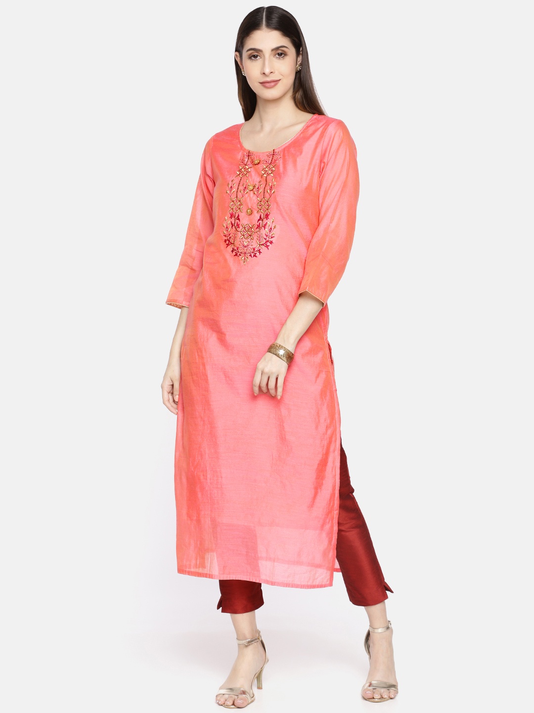 

Neerus Women Coral Pink Yoke Design A-Line Kurta