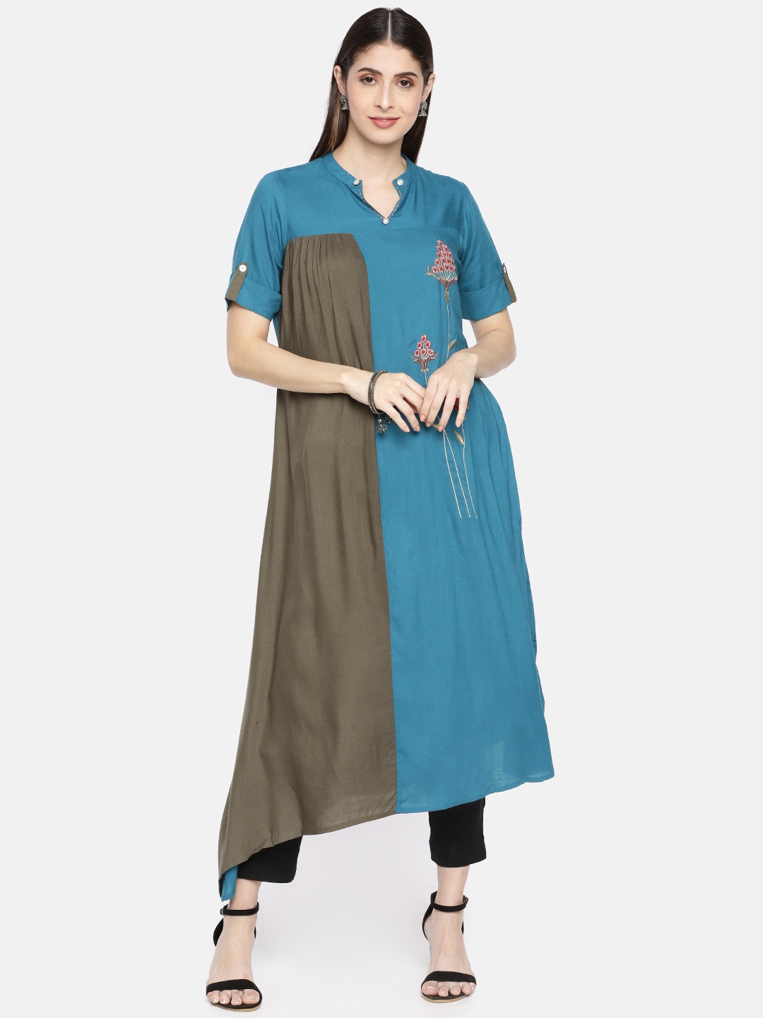 

Neerus Women Teal Blue & Brown Colourblocked A-Line Asymmetric Kurta