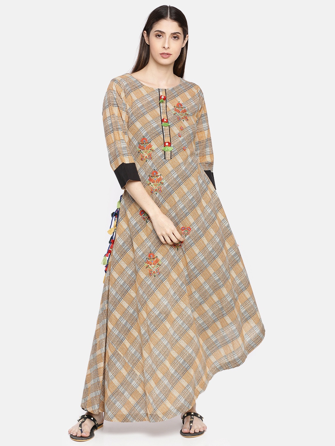 

Neerus Women Brown & Yellow Printed A-Line Asymmetric Hem Kurta