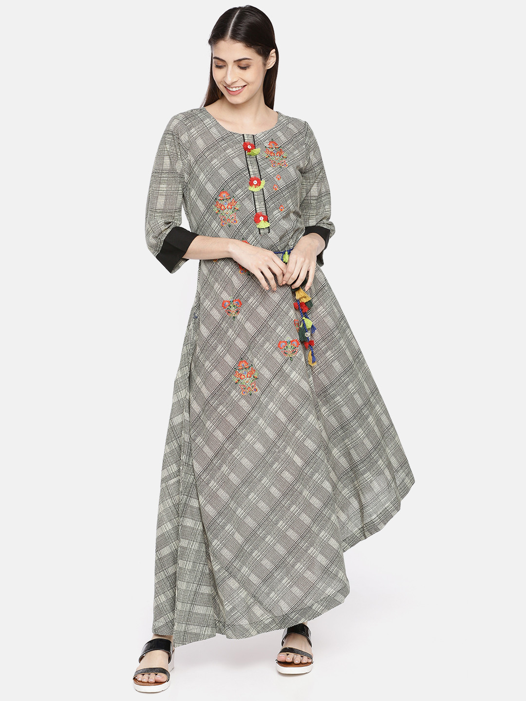 

Neerus Women Black & Grey Printed A-Line Asymmetric Hem Kurta
