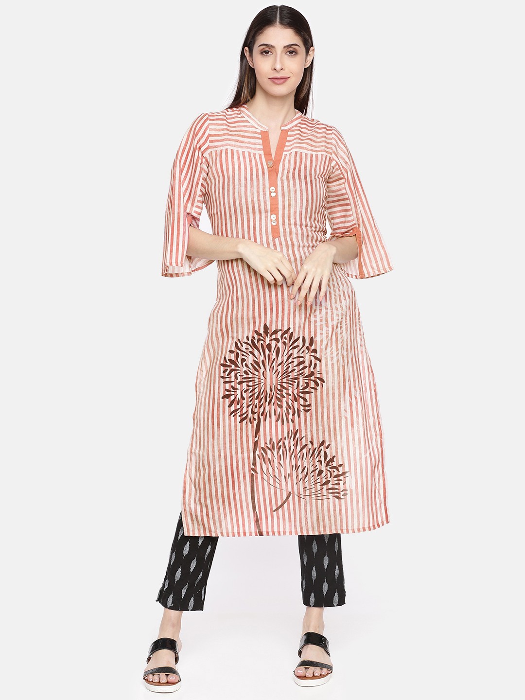 

Neerus Women Beige & Pink Striped Straight Kurta