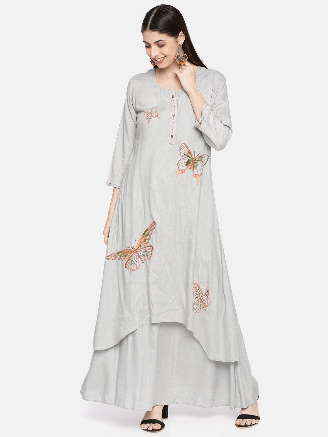 

Neerus Women Grey Embroidered A-Line Layered Kurta