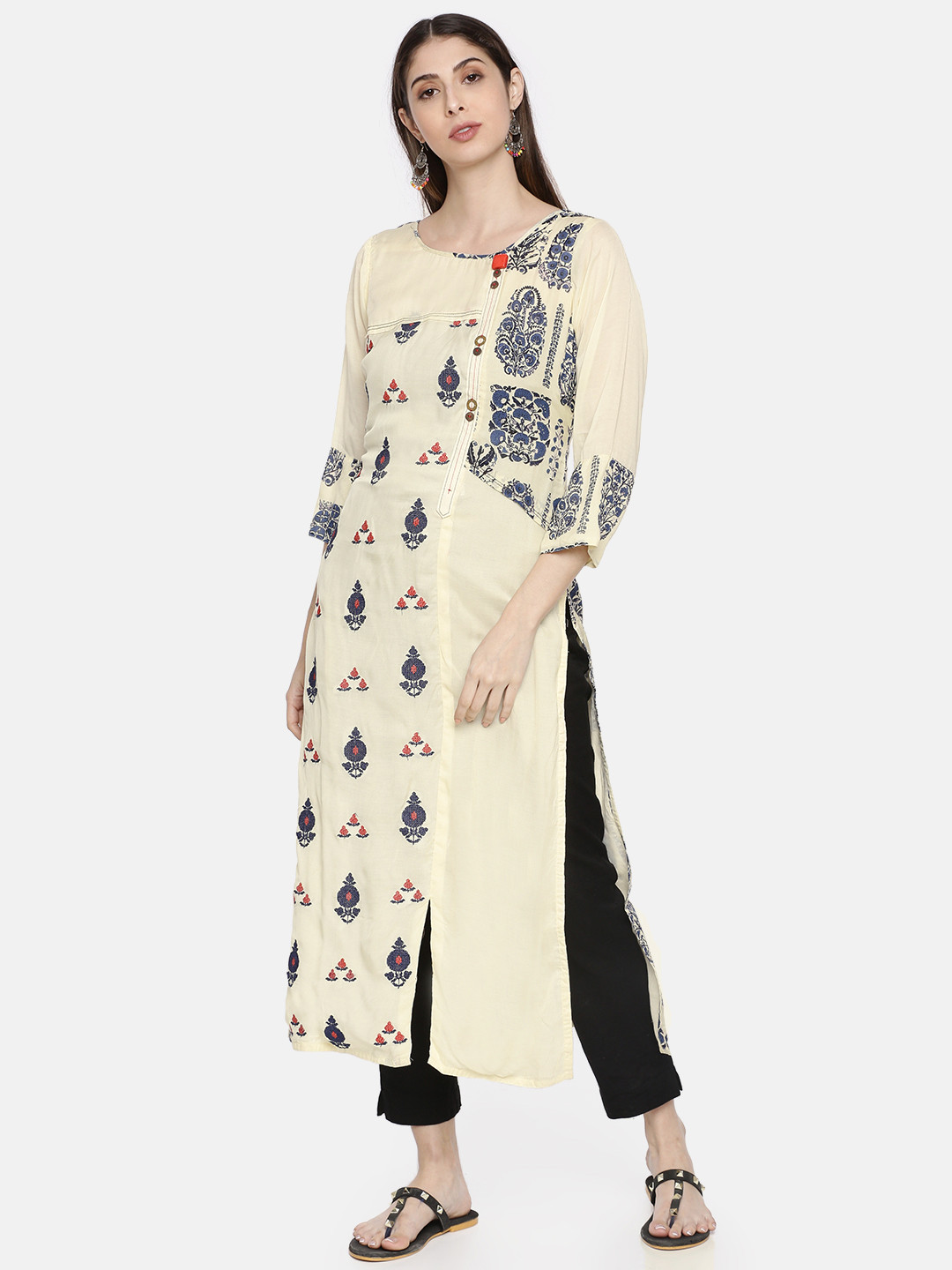

Neerus Women Cream-Coloured & Navy Blue Printed Straight Kurta