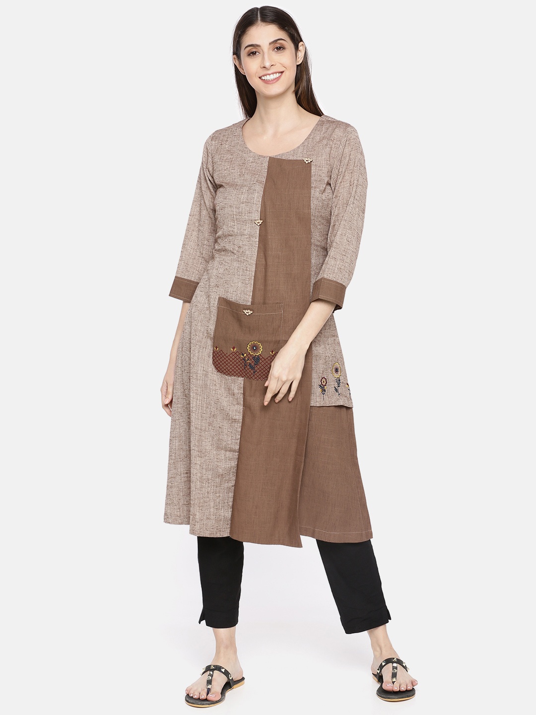 

Neerus Women Brown Colourblocked A-Line Kurta