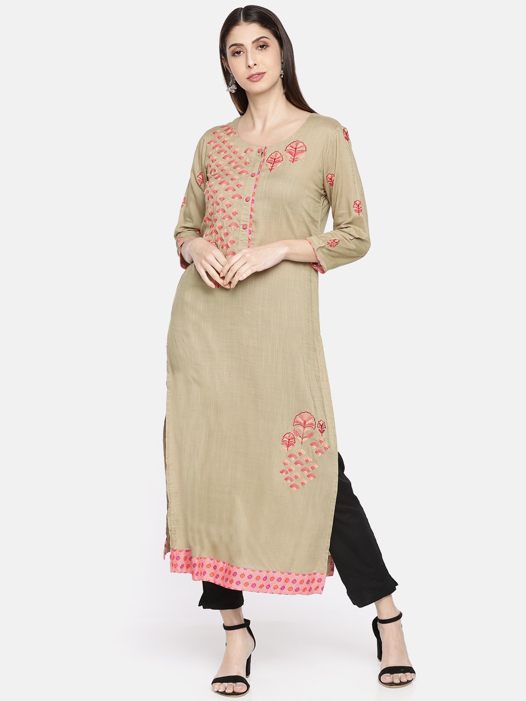 

Neerus Women Beige Embroidered A-Line Kurta