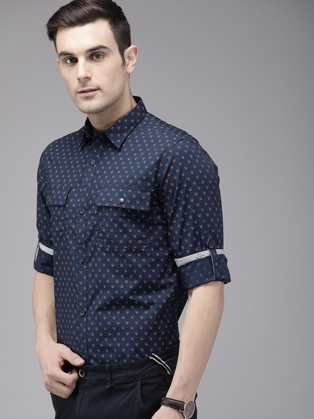 

TrueModa Men Navy Blue Slim Fit Printed Casual Shirt