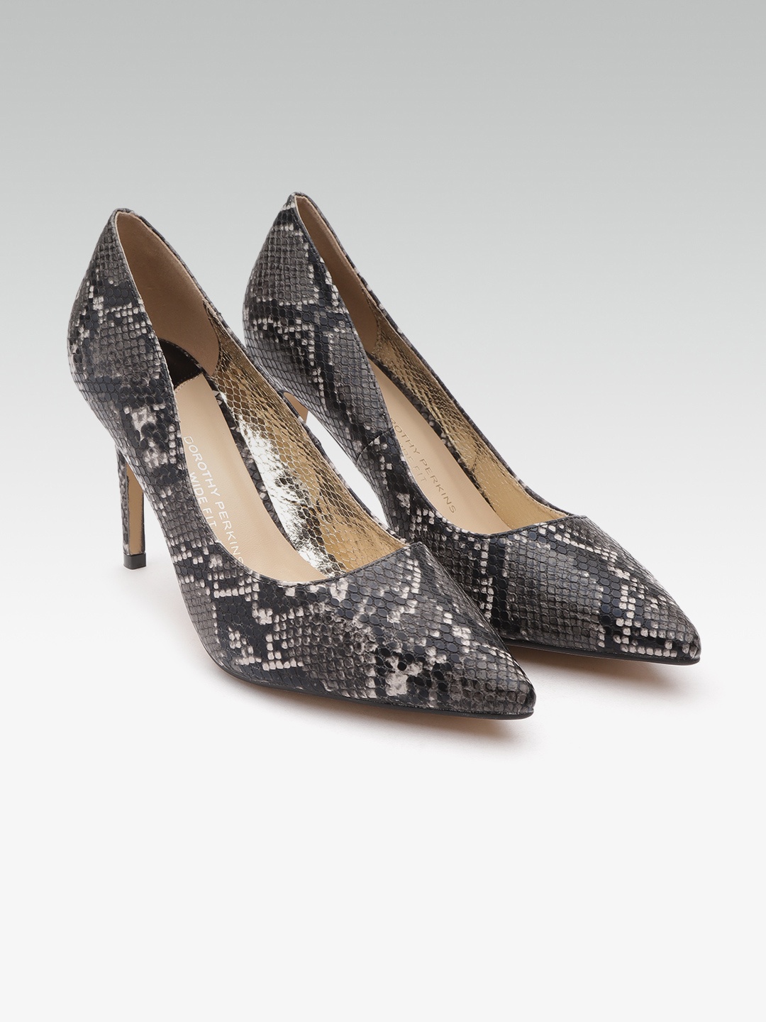 

DOROTHY PERKINS Women Charcoal Grey & Black Snakeskin Textured Pumps