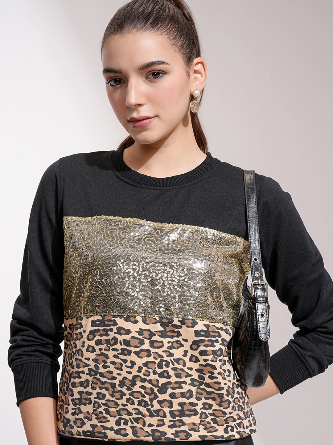 

Tokyo Talkies Women Black & Gold-Toned Printed Camouflage & Sequinned Sweatshirt