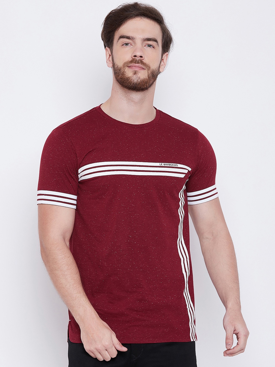 

LE BOURGEOIS Men Maroon Striped Round Neck T-shirt