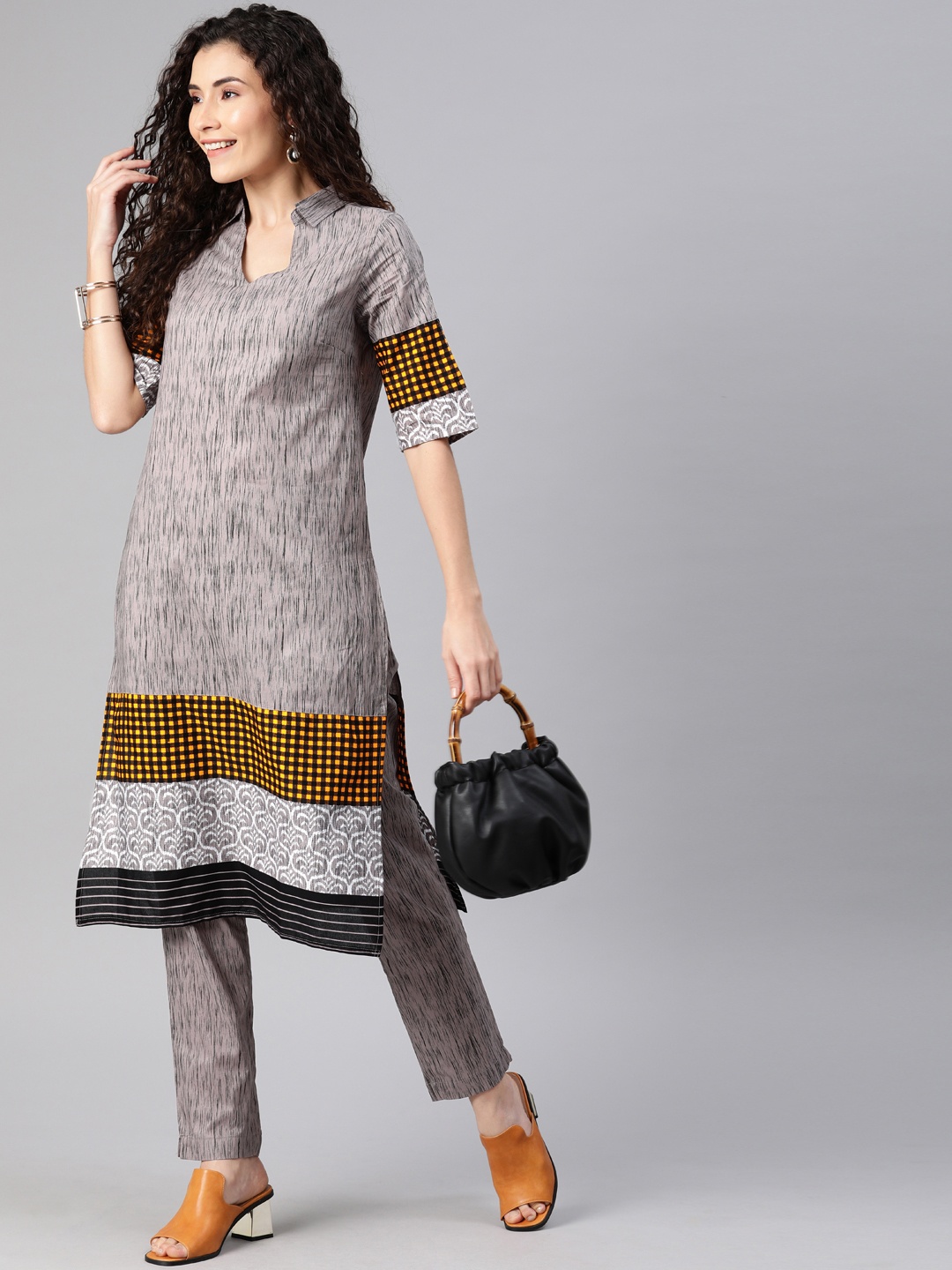 

Anouk Women Grey & Black Printed Kurta with Trousers