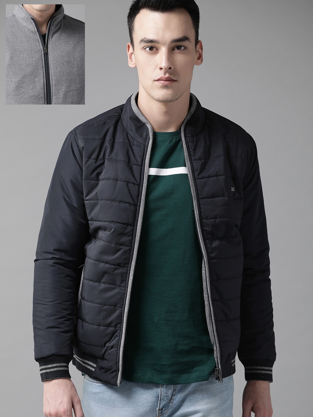 

The Roadster Lifestyle Co Men Navy Blue & Grey Melange Solid Reversible Jacket