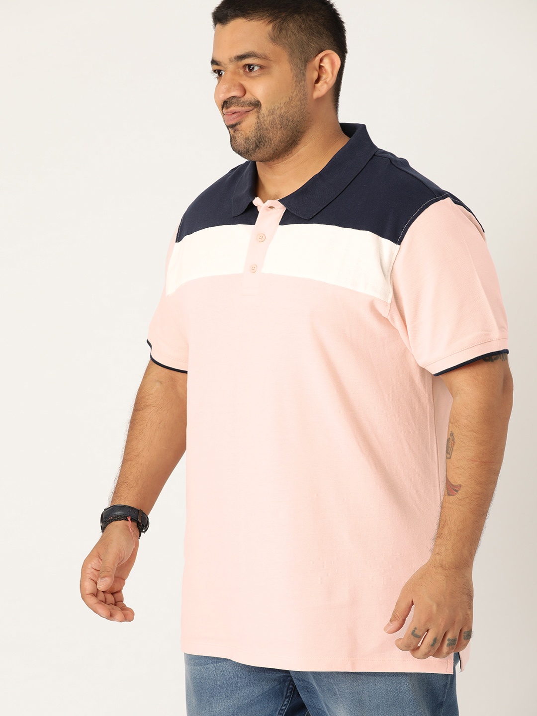 

Sztori Plus Size Men Pink Navy Blue Colourblocked Polo Collar Pure Cotton T-shirt