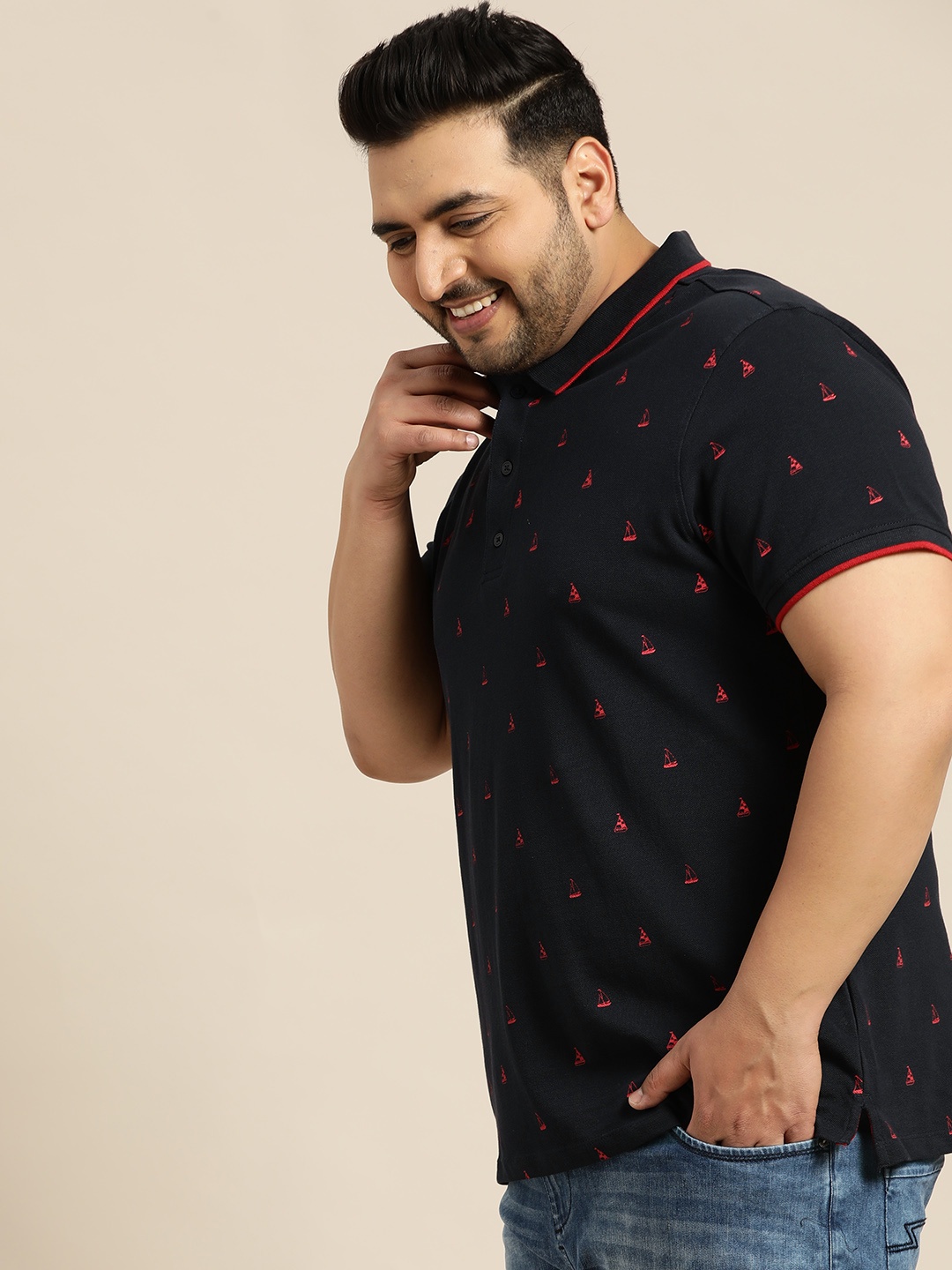 

Sztori Plus Size Men Navy Blue Red Printed Polo Collar T-shirt