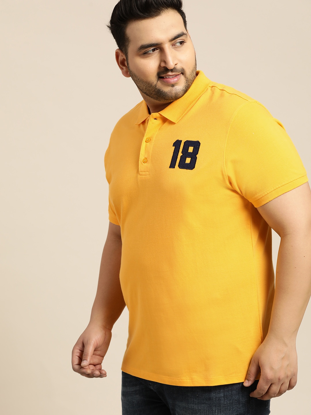 

Sztori Plus Size Men Yellow Solid Polo Collar Pure Cotton T-shirt