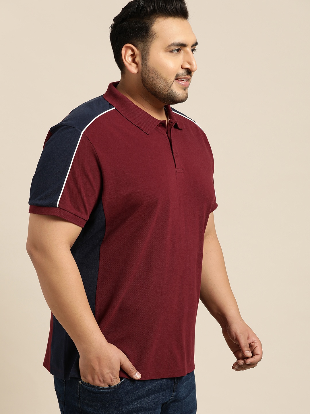 

Sztori Plus Size Men Maroon Navy Blue Solid Polo Collar T-shirt