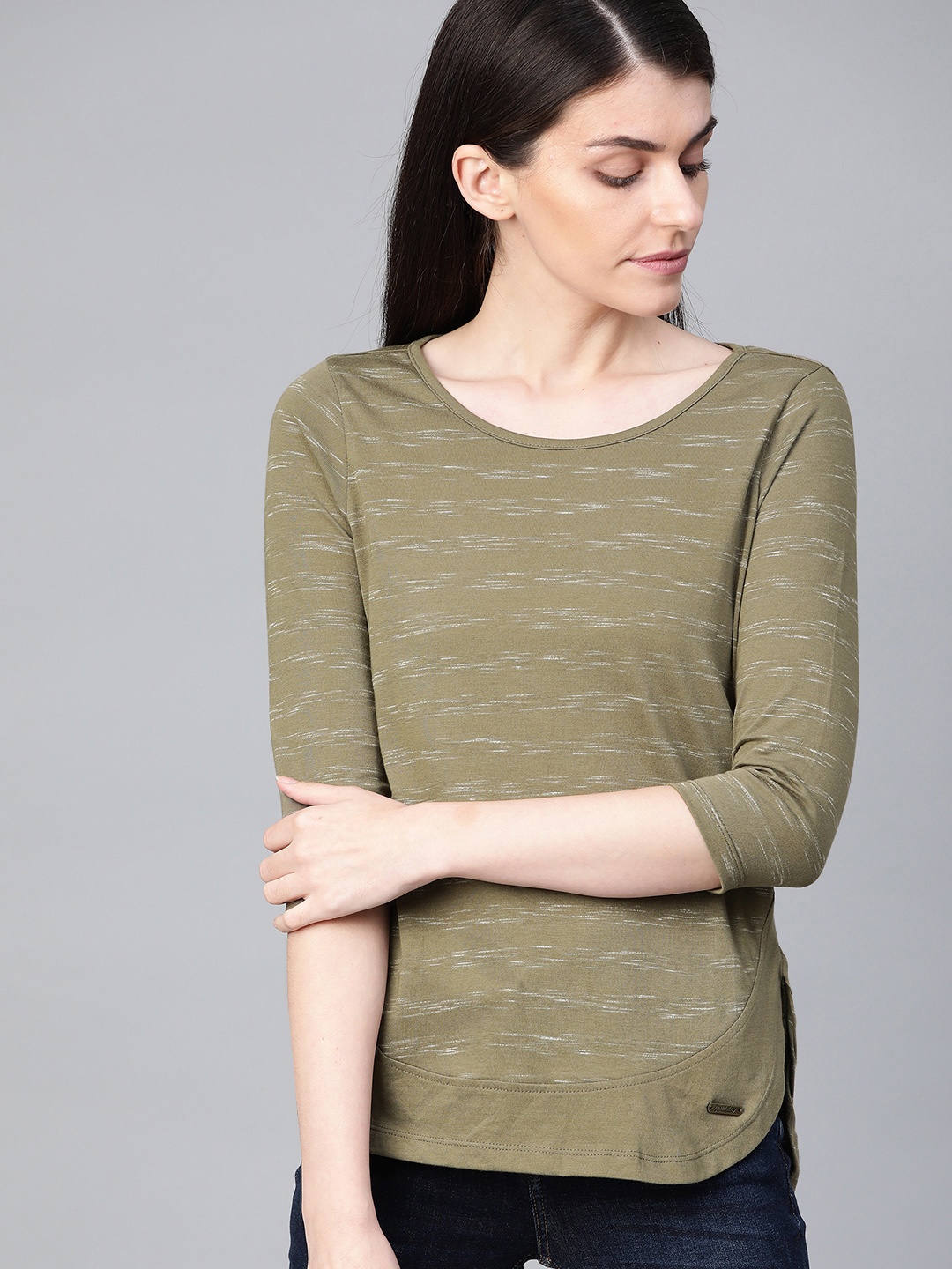 

The Roadster Lifestyle Co Women Olive Green & Off-White Striped Round Neck T-shirt