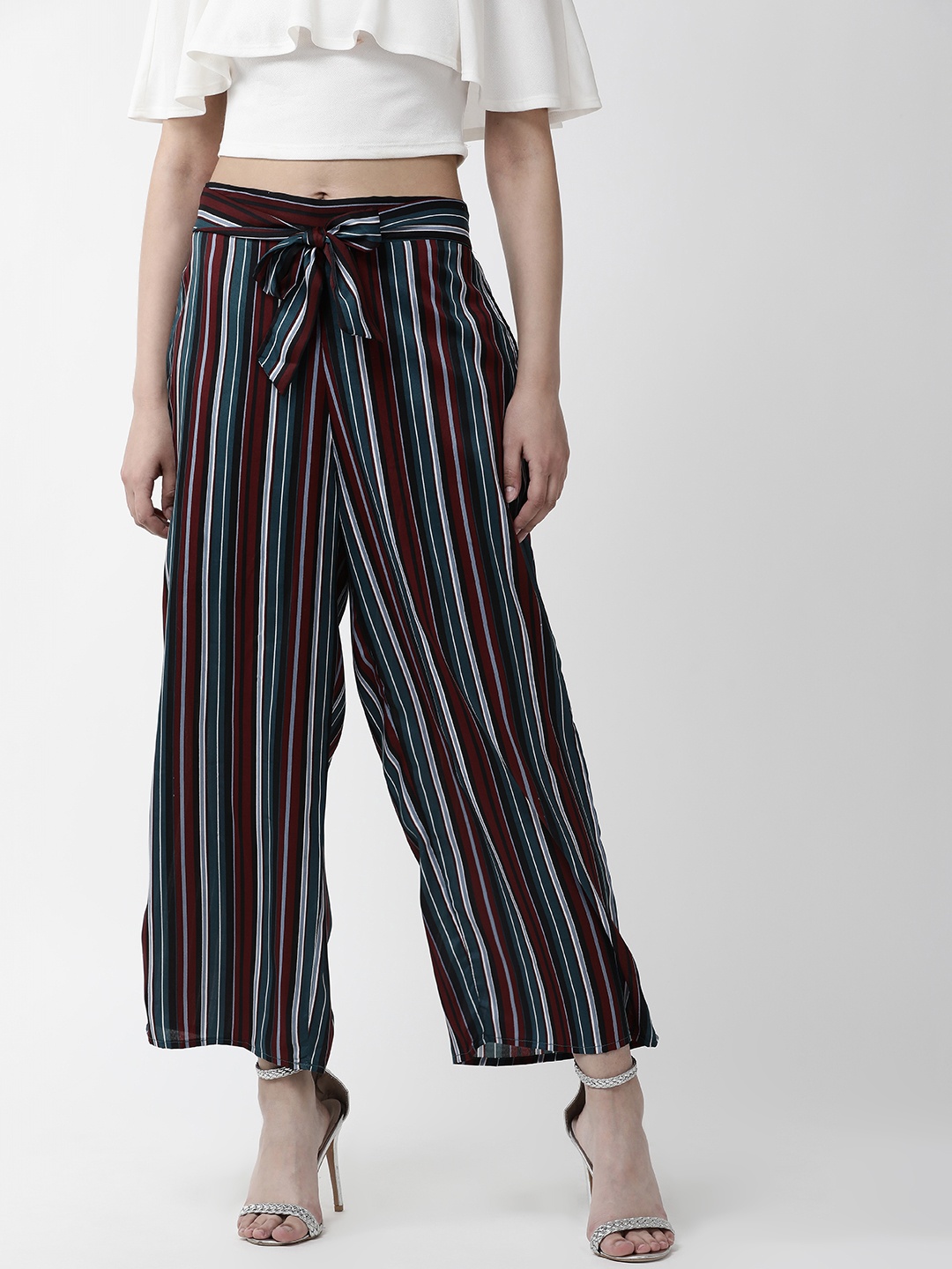 

Cayman Women Teal Green & Maroon Striped Cropped Straight Palazzos