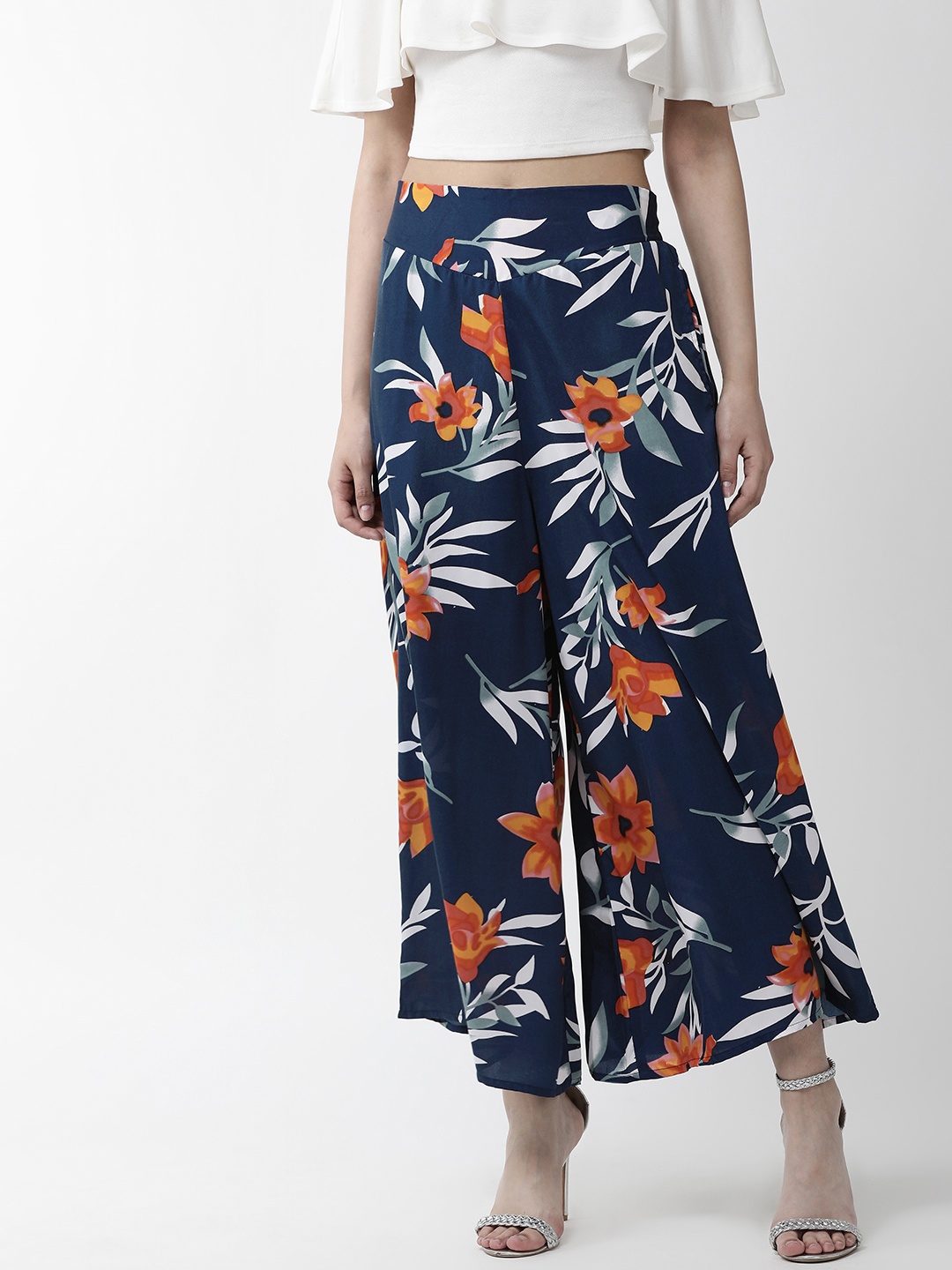 

Cayman Women Navy Blue & Orange Printed Cropped Straight Palazzos