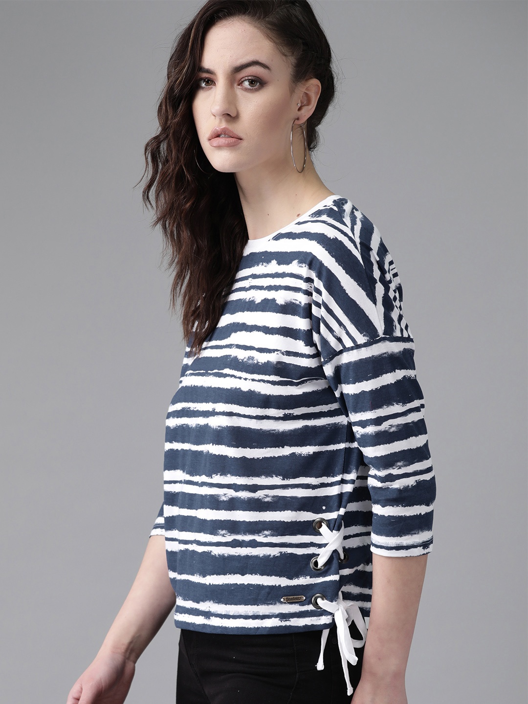 

The Roadster Lifestyle Co Women & Navy Blue White Striped Pure Cotton Top