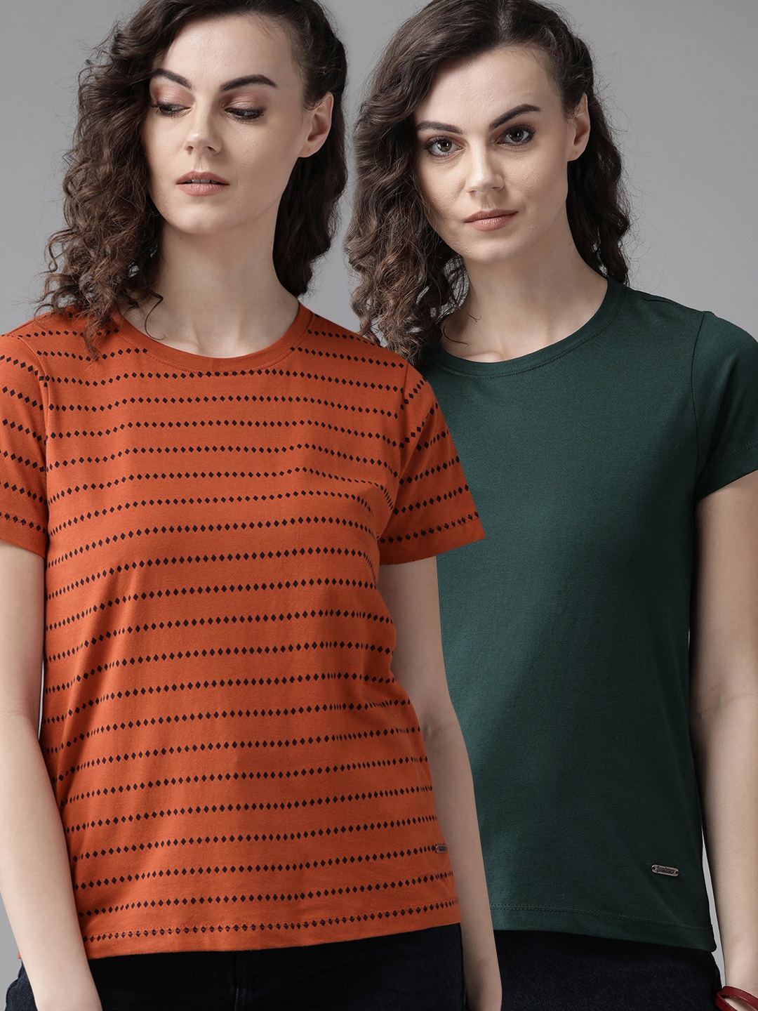 

The Roadster Lifestyle Co Women Pack Of 2 Printed Round Neck Pure Cotton T-shirt, Rust