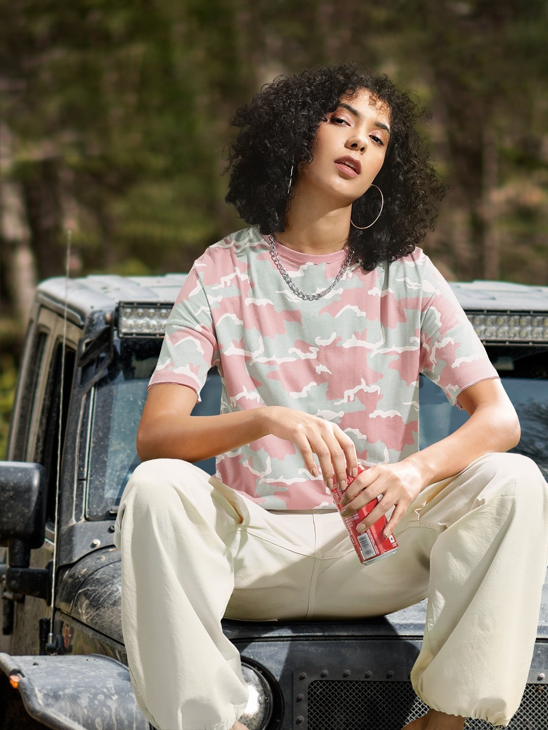 

Roadster Women Pink Green Camouflage Print Round Neck Pure Cotton T-shirt