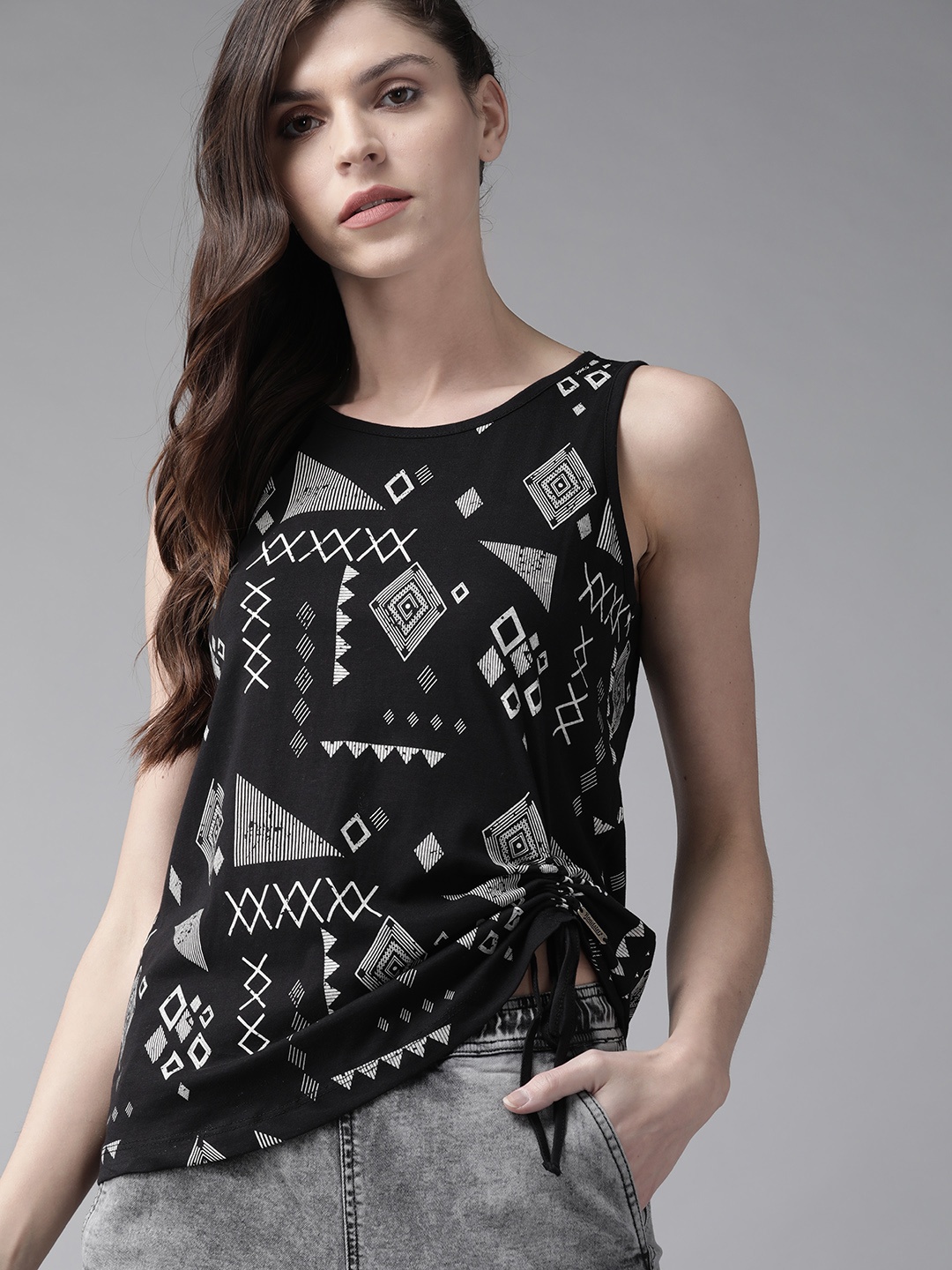 

The Roadster Lifestyle Co Women Black Off-White Printed Pure Cotton Top