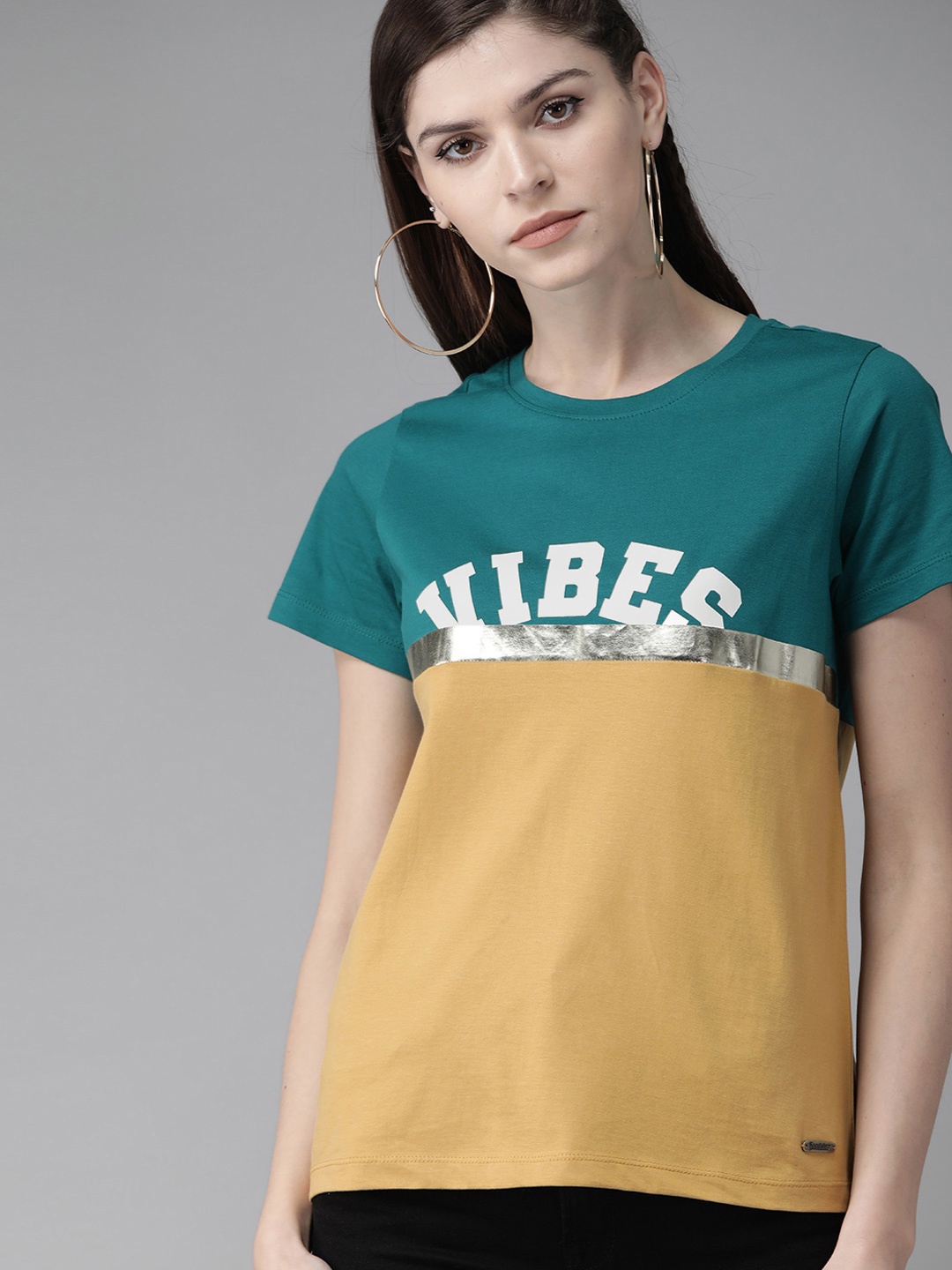 

The Roadster Lifestyle Co Women Teal Green Mustard Yellow Colourblocked Round Neck Pure Cotton T-shirt