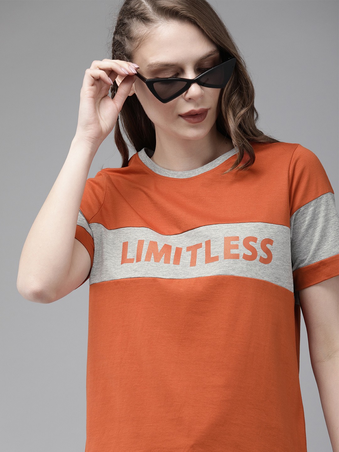 

The Roadster Lifestyle Co Women Orange Grey Colourblocked Round Neck Pure Cotton T-shirt