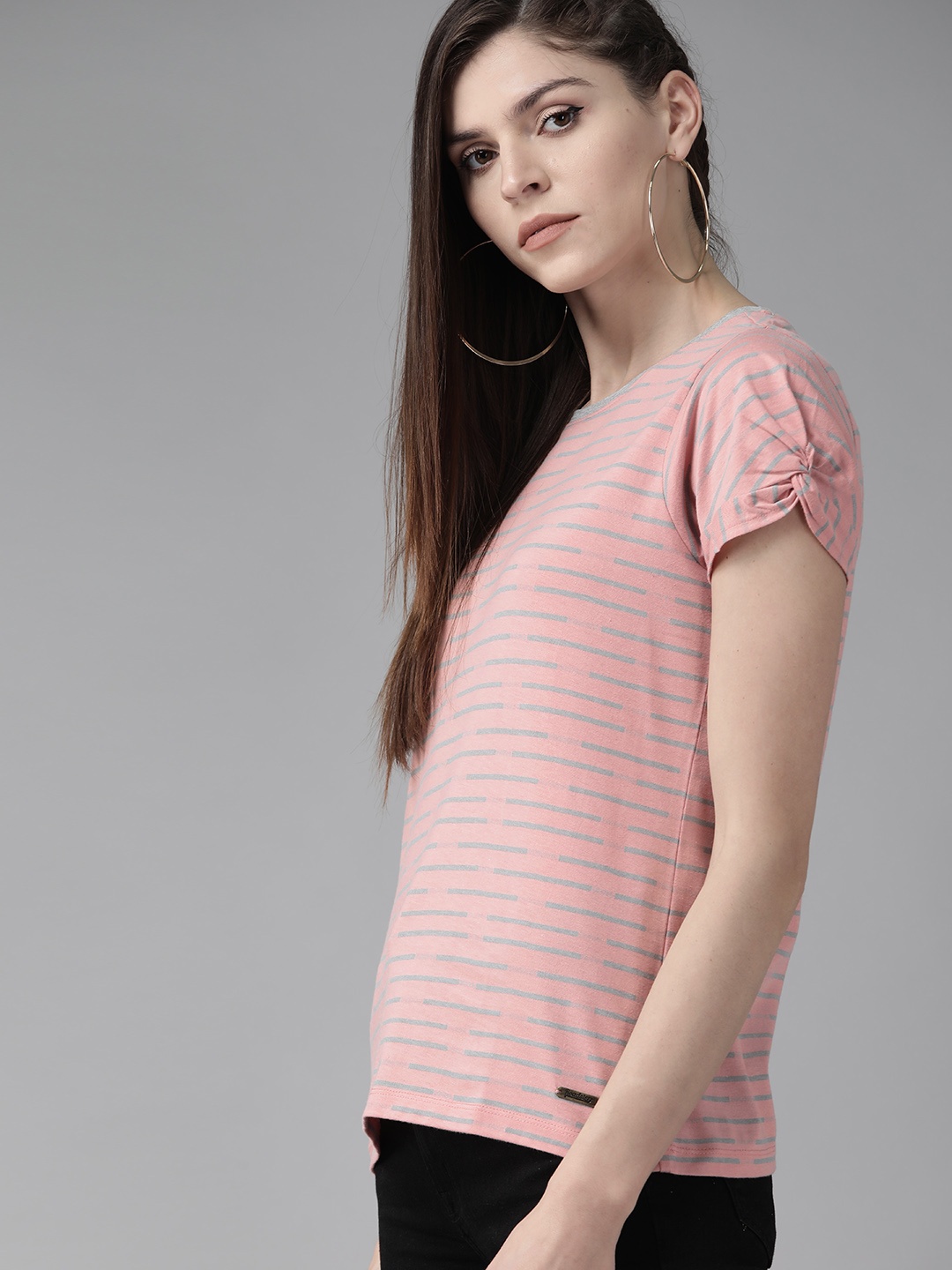 

The Roadster Lifestyle Co Women Peach-Coloured Grey Melange Striped Round Neck Pure Cotton T-shirt