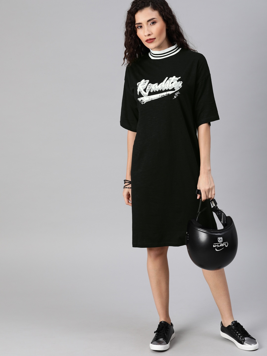 

The Roadster Lifestyle Co Women Black Printed Boxy T-shirt Dress