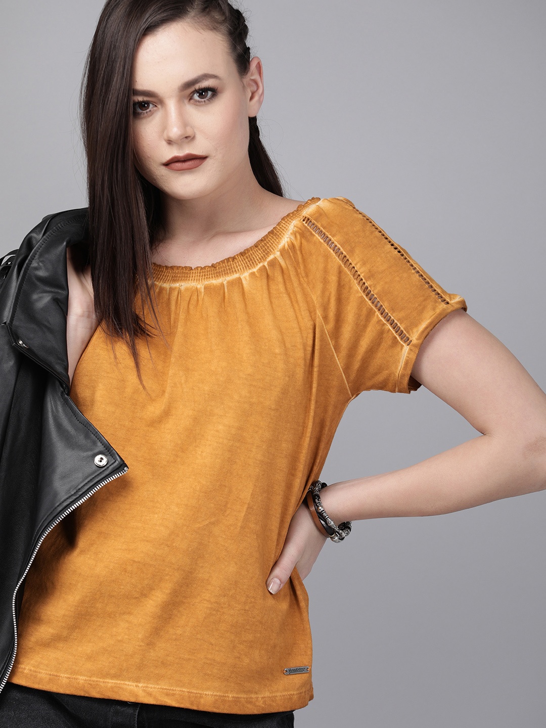 

The Roadster Lifestyle Co Women Mustard Yellow Solid Top With Cut- Out Detail