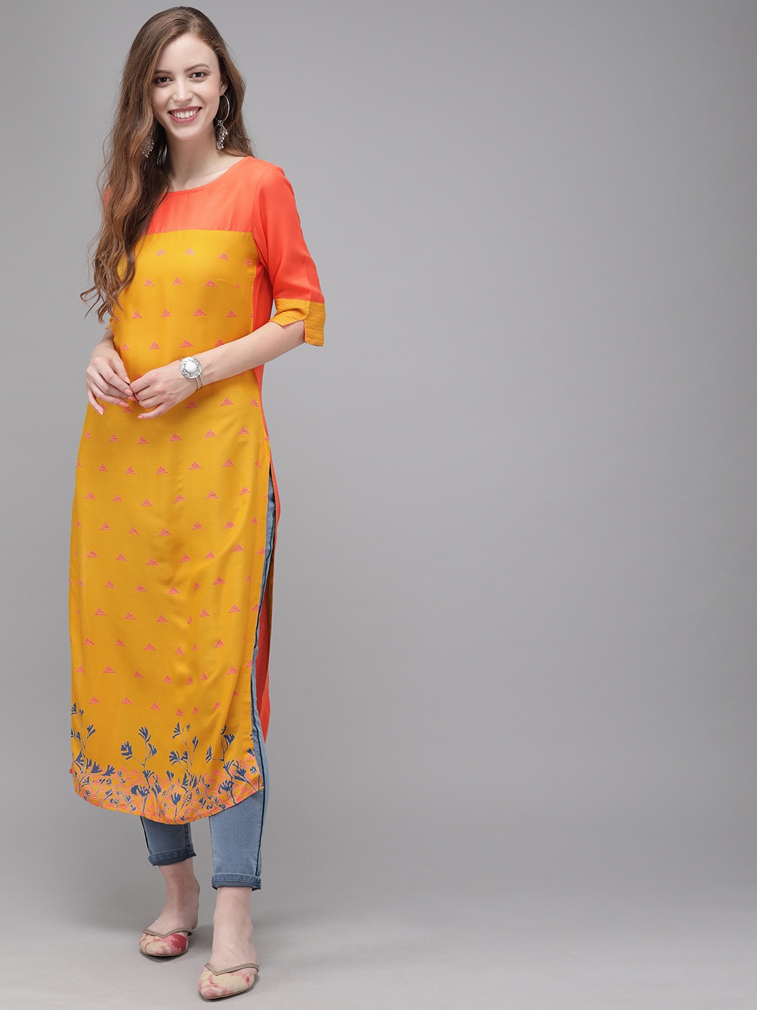 

Anouk Women Mustard Yellow & Orange Colourblocked Straight Kurta