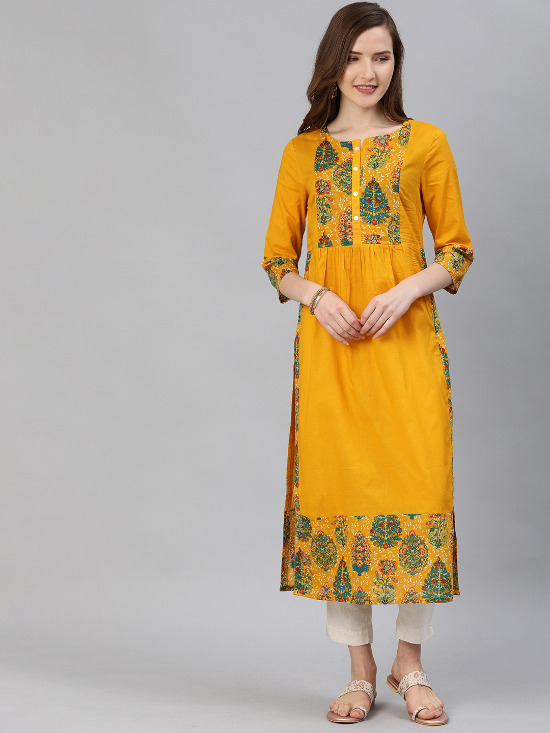 

Anouk Women Mustard Yellow & Green Printed Straight Kurta