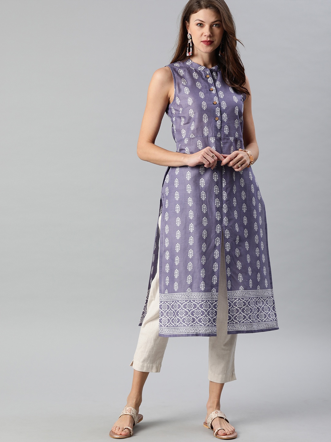 

Anouk Women Purple & White Printed Straight Fusion High Slit Kurta