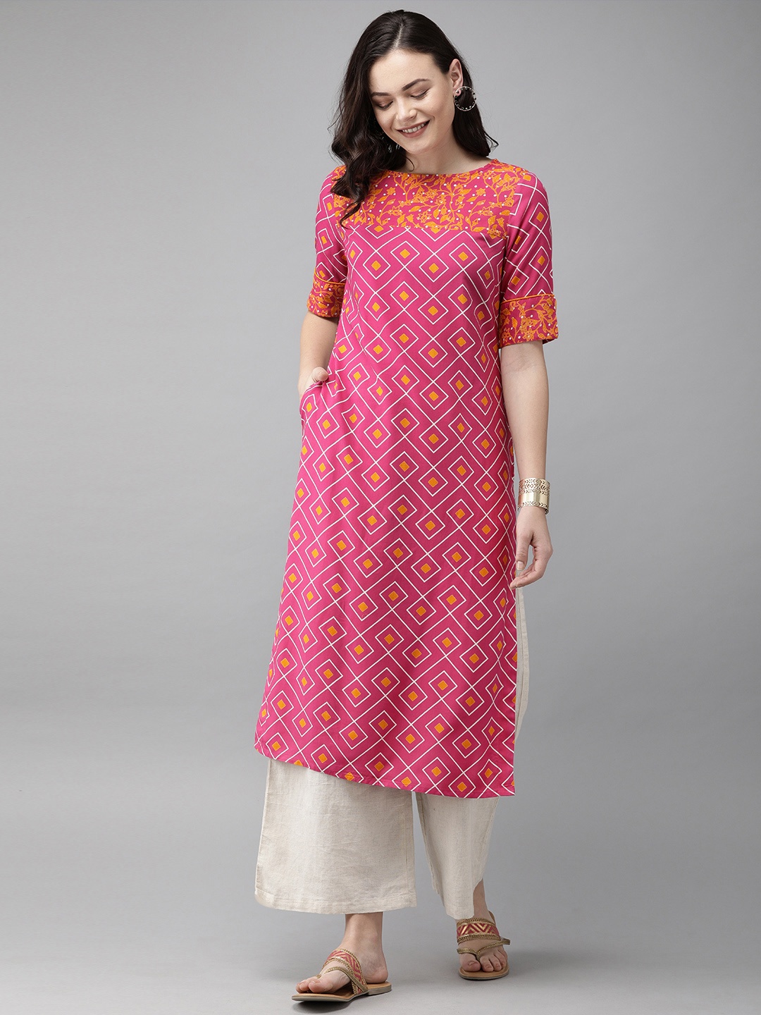 

Anouk Women Pink & Mustard Yellow Printed Straight Kurta