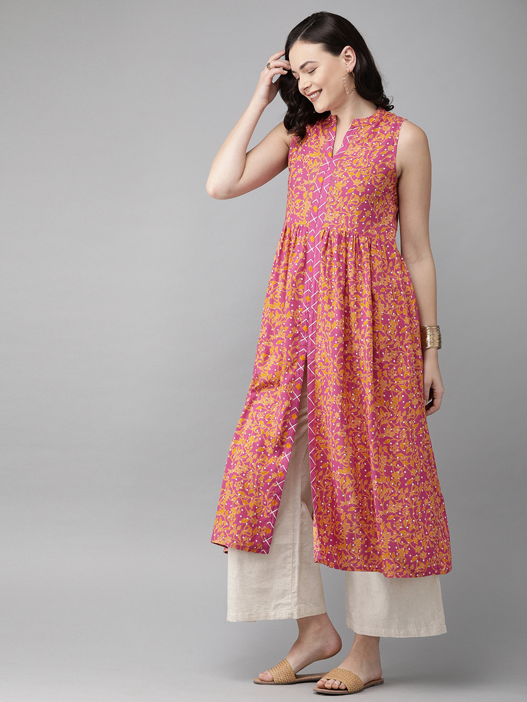 

Anouk Women Pink & Mustard Yellow Printed A-Line Kurta