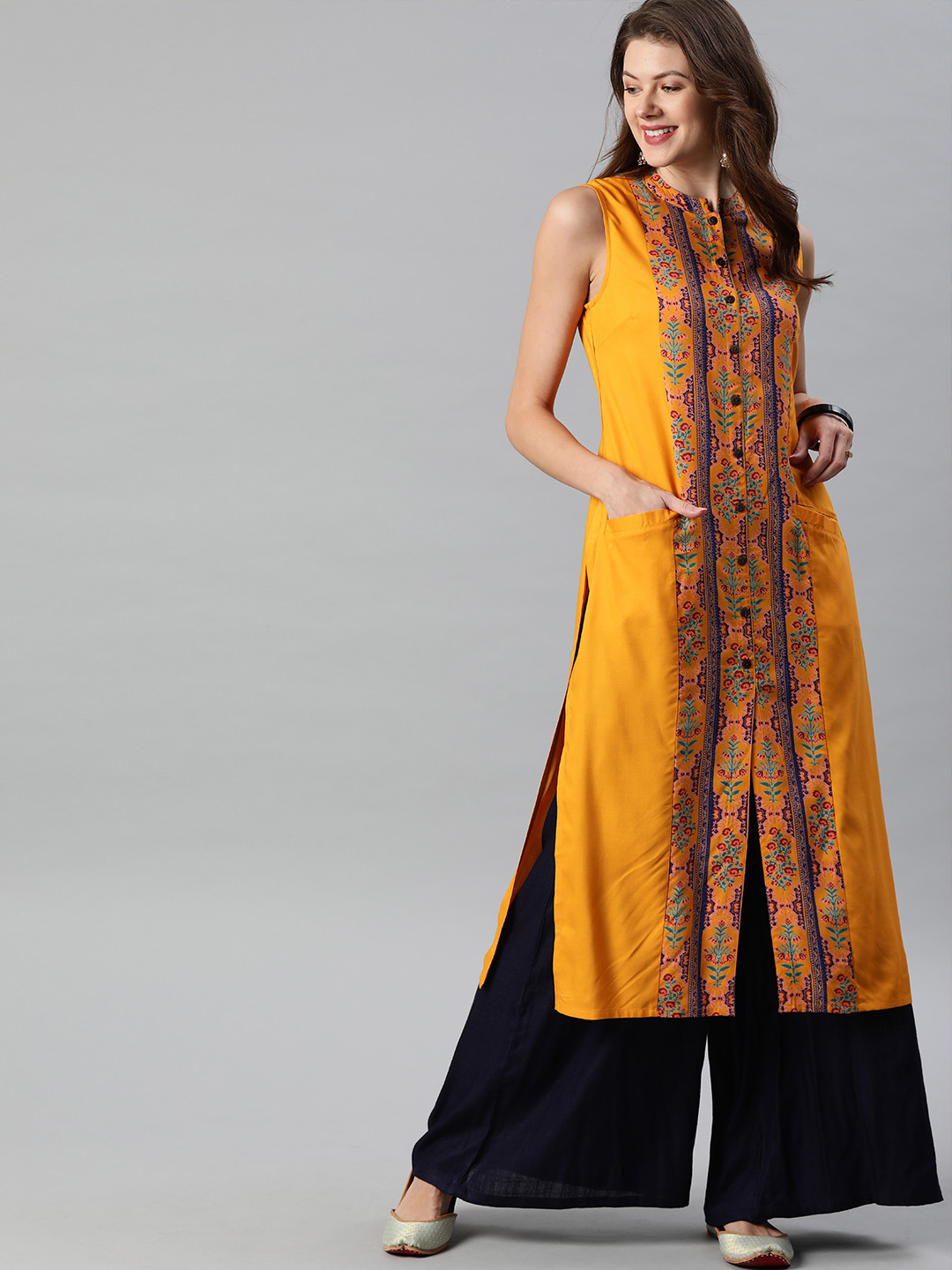 

Anouk Women Mustard Yellow & Blue Printed Straight Kurta