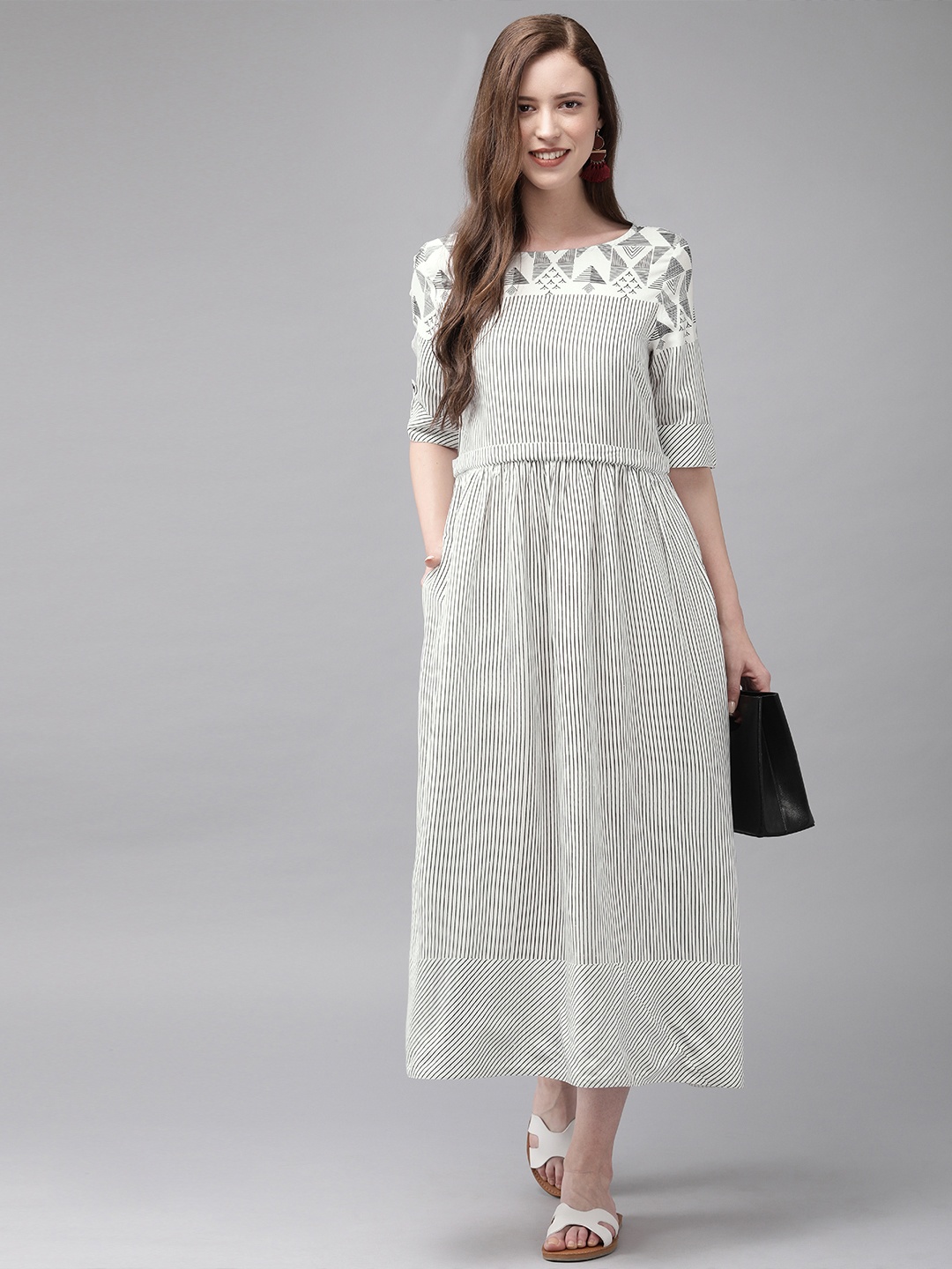 

Anouk White & Black Striped Fit and Flare Dress