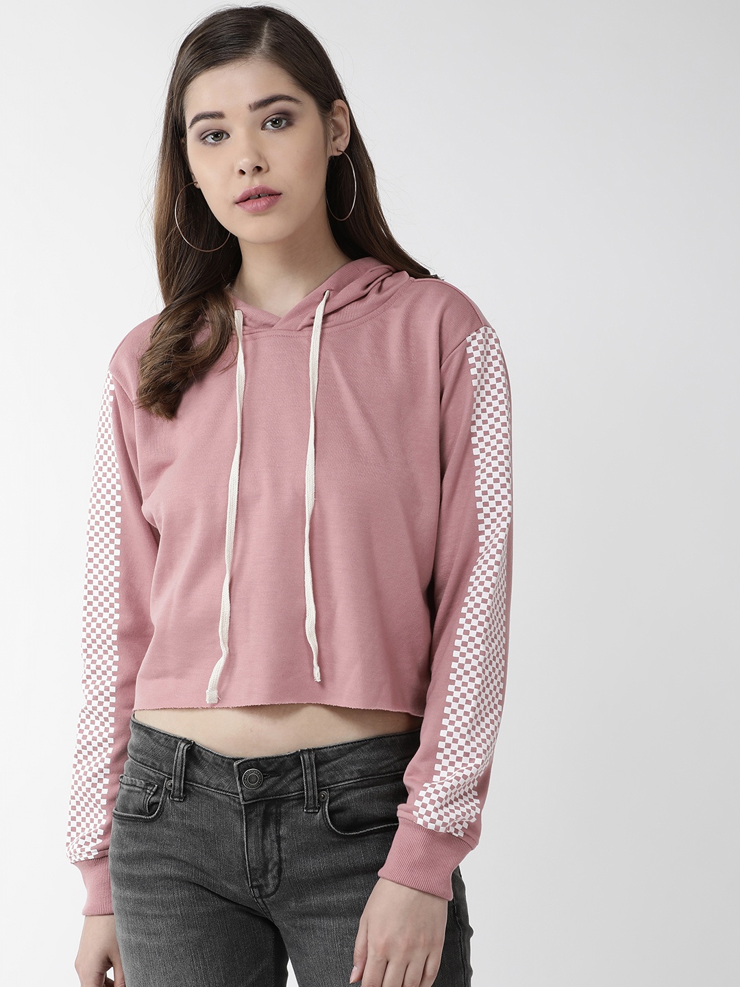 

plusS Women Dusty Pink Solid Hooded Crop Sweatshirt