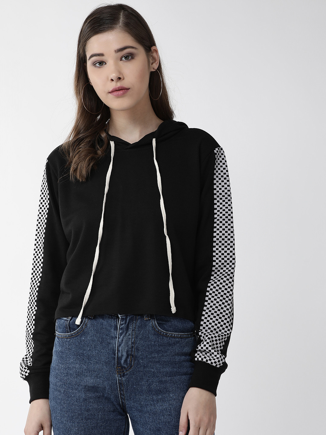 

plusS Women Black Solid Hooded Crop Sweatshirt