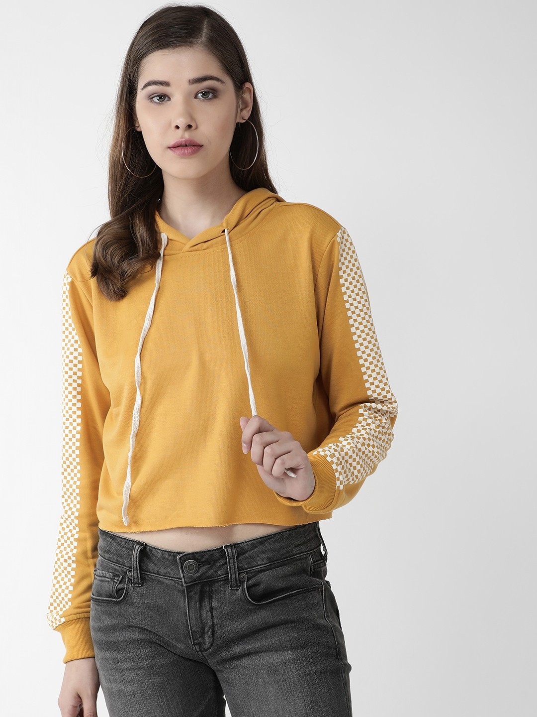 

plusS Women Mustard Yellow Solid Hooded Crop Sweatshirt