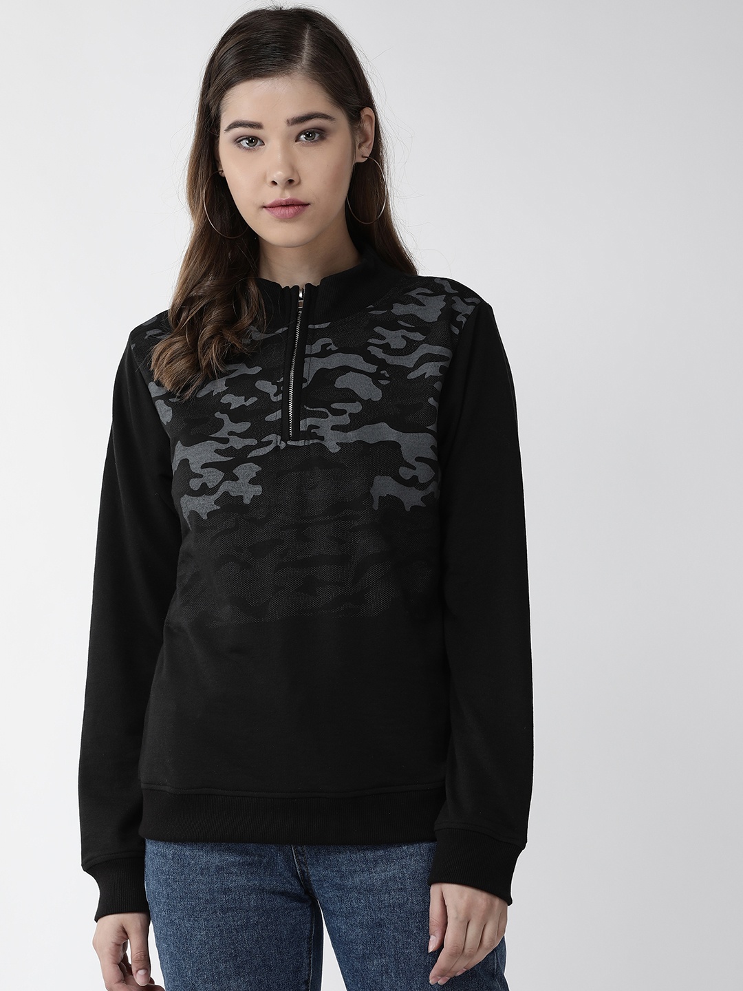

plusS Women Black & Charcoal Grey Printed Sweatshirt